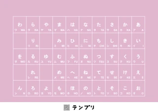 無料で印刷できるあいうえお表(カタカナ&ローマ字付)-ピンクのプリントです。