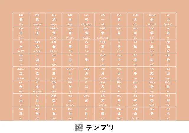 無料で印刷できる小学校1年生で習う漢字一覧-オレンジのプリントです。