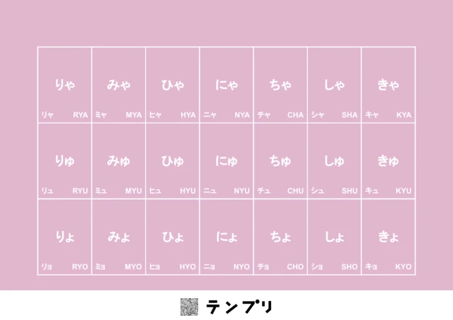 無料で印刷できる拗音のひらがな表(カタカナ・ローマ字付)-ピンクのプリントです。