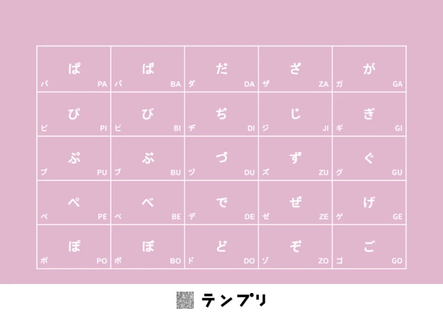 無料で印刷できる濁音・半濁音のひらがな表(カタカナ・ローマ字付)-ピンクのプリントです。