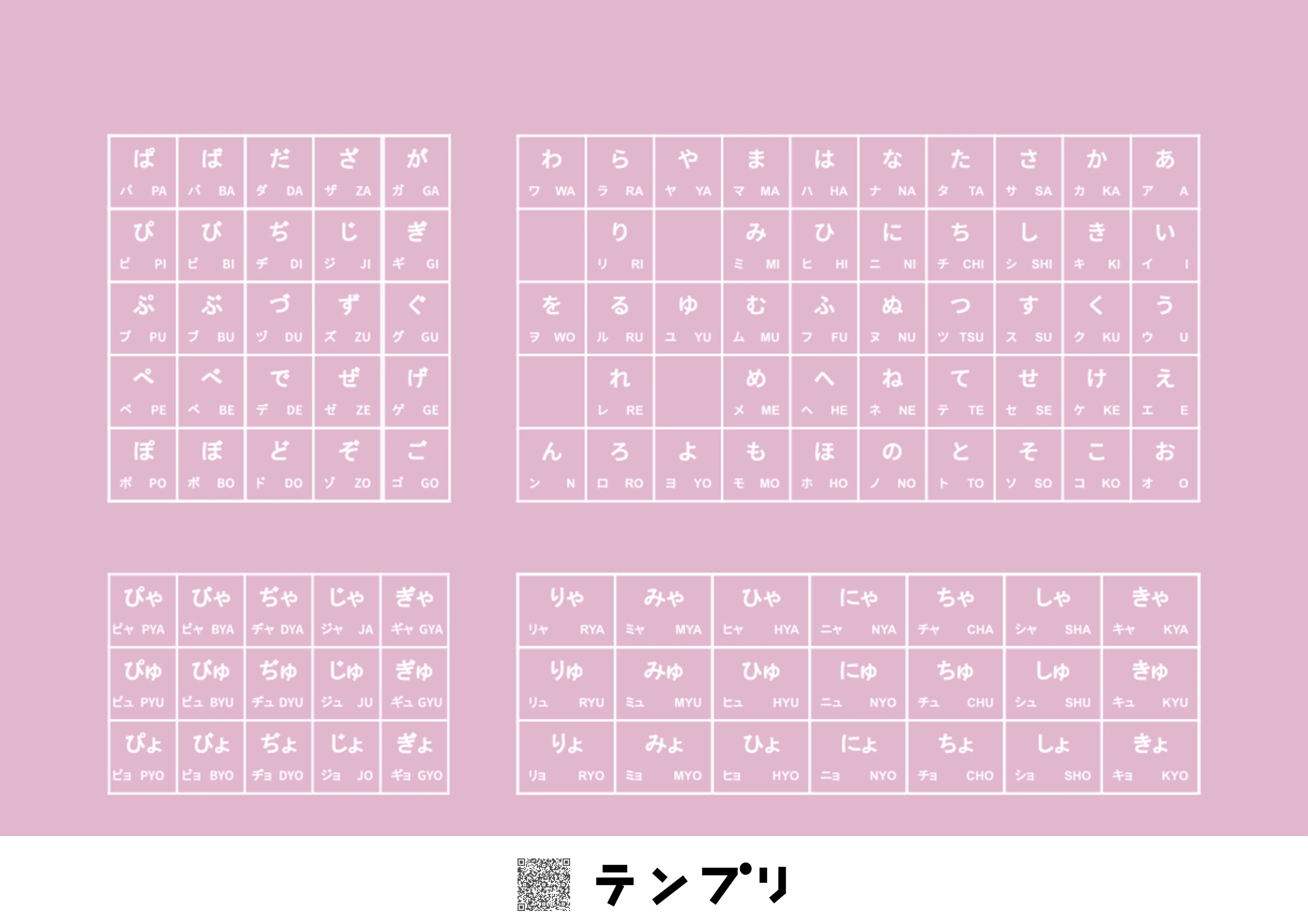 無料で印刷できるひらがな表(カタカナ・ローマ字付)-ピンクのプリントです。